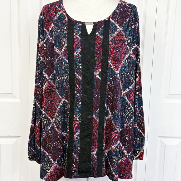 Catherines Colorful Black Multi Paisley Patchwork Lace Front Blouse 2X - Picture 1 of 16